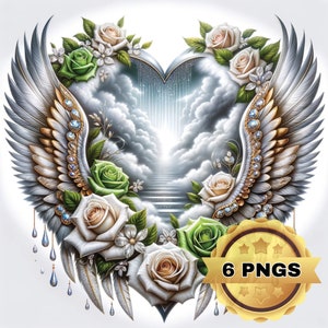 May include: A heart-shaped design with white wings, adorned with gold and jewels, surrounded by white and green roses. The heart is open, revealing a stairway leading to a bright light in the clouds.