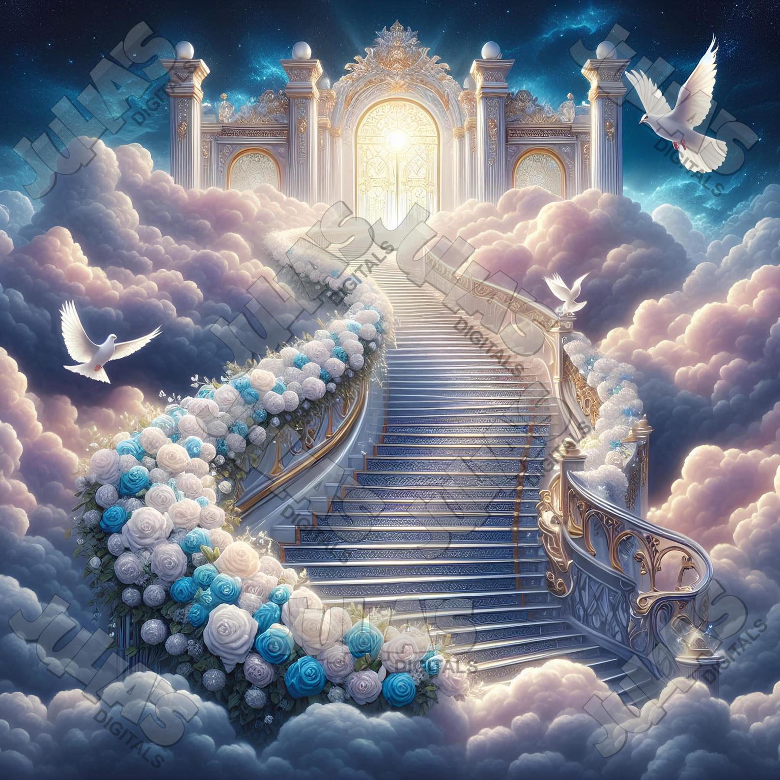 Memorial, Background, Blue, Pink, Roses, Doves, Heaven, Wings, Golden ...