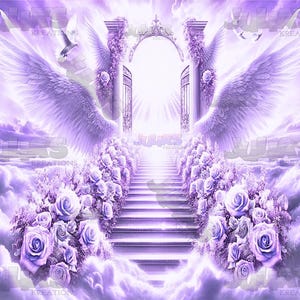 Minnesbakgrund: Lila rosor, duvor, änglavingar (digital nedladdning av PNG)