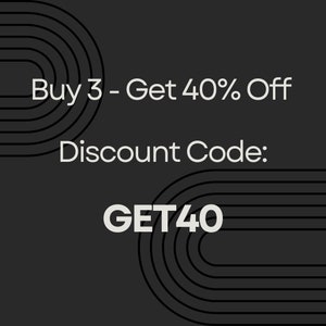 May include: Black and white graphic with a curved design. Text reads "Buy 3 - Get 40% Off" and "Discount Code: GET40".