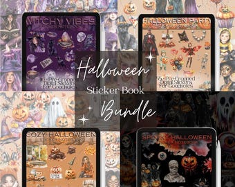 May include: A digital sticker book bundle with four different Halloween themes: Witchy Vibes, Halloween Party, Cozy Halloween, and Spooky Halloween. Each sticker book features a variety of pre-cropped digital stickers for Goodnotes.