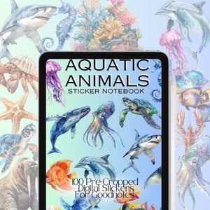 Puede incluir: Un cuaderno de pegatinas digitales titulado "Animales Acuáticos" con ilustraciones de acuarela de la vida marina, incluyendo tiburones, ballenas y medusas. El cuaderno contiene 100 pegatinas digitales precortadas para Goodnotes.