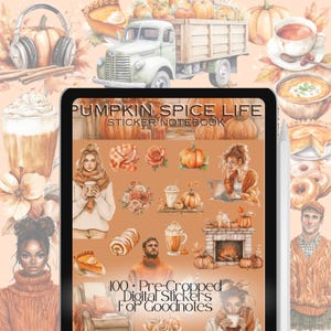 May include: Digital sticker notebook for Goodnotes app with 100 pre-cropped stickers featuring a fall theme. The stickers include images of pumpkins, coffee, a fireplace, and people wearing fall-themed clothing.