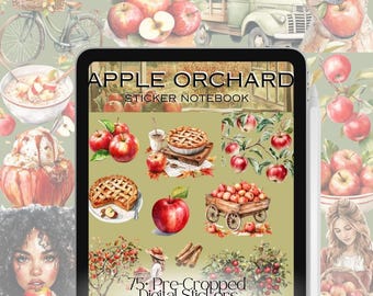 Puede incluir: Un cuaderno de pegatinas digital con 75 pegatinas precortadas para Goodnotes. Las pegatinas presentan una variedad de ilustraciones con temática de huerto de manzanas, incluyendo manzanas, tartas, un camión y un carro. El texto "Apple Orchard Sticker Notebook" se muestra en la parte superior del cuaderno.