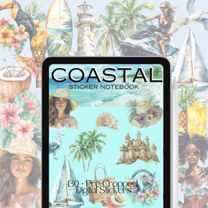 Coastal Themed Digital Sticker Book For Goodnotes, Beach Planner Stickers, Tropical Digital Stickers For Journal And Scrapbooking