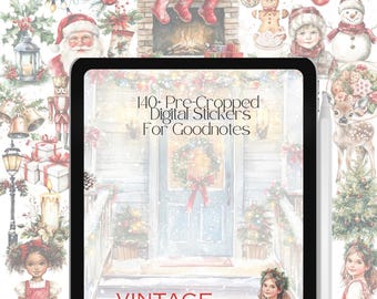 Op de afbeelding: Een digitale tablet toont een verzameling vintage kerst digitale stickers. Het scherm toont de tekst "140+ Pre-Cropped Digital Stickers For Goodnotes" en "Vintage Christmas". De achtergrond bevat illustraties van kerstelementen.