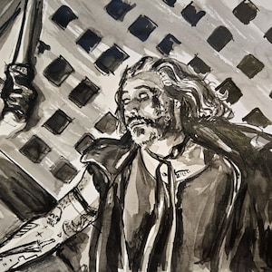 May include: A black and white ink drawing of a person with long hair and a beard. The person is wearing a jacket and has tattoos on their arm. The background is a building with windows.