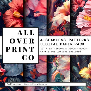 Hawaiian Print Neon Floral Nahtloses Muster Kontrastreiches Digital Paper Pack Bundle Tropische Blumen Collage Sheets und Scrapbooking-Papier