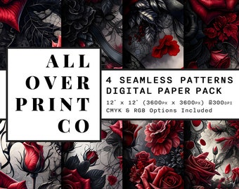 Gothic Rose Seamless Pattern Digital Paper Pack Bundle, Black Lace and Red Roses Printable Background For Scrapbooking & Card Making