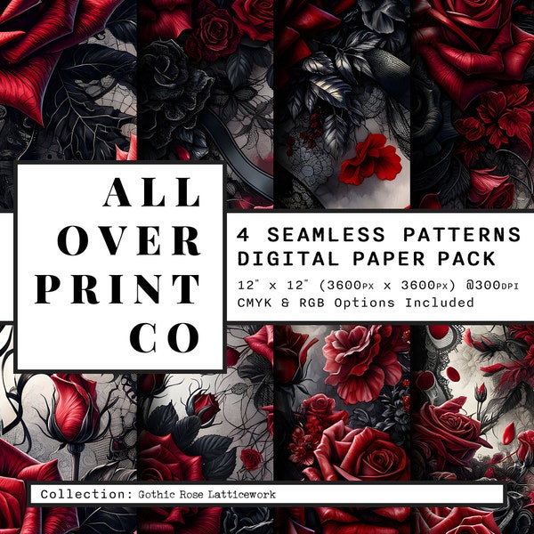 Gothic Rose Seamless Pattern Digital Paper Pack Bundle, Black Lace and Red Roses Printable Background For Scrapbooking & Card Making