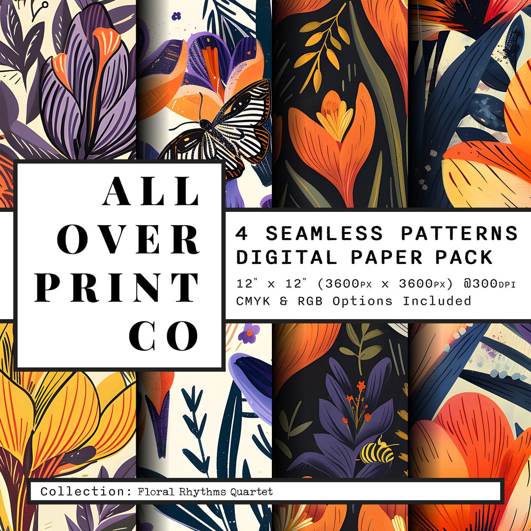 Boho Floral Seamless Pattern Digital Paper Pack, Crocus Flowers Woodcut ...