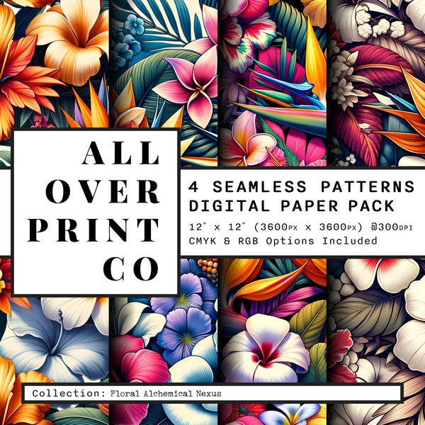 Hawaiian Print Floral Seamless Pattern Digital Paper Pack Bundle Tropical Flowers Floral Collage Sheets and Junk Journal Scrapbooking Paper