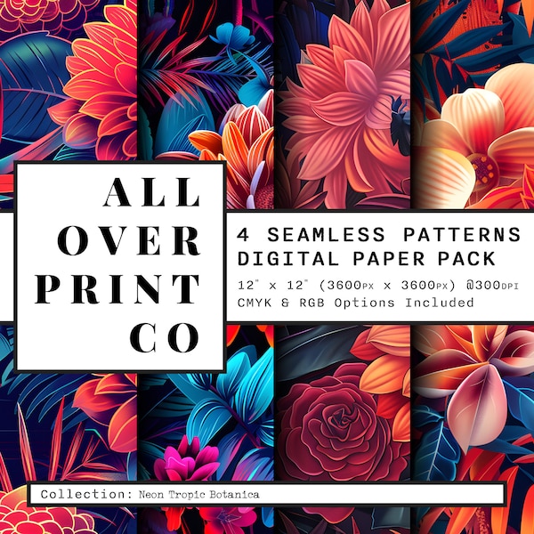 Synthwave Tropical Seamless Patterns Hawaiian Flower & Palm Leaves Digital Paper 12x12 inches Printable Backgrounds RGB and CMYK 300dpi