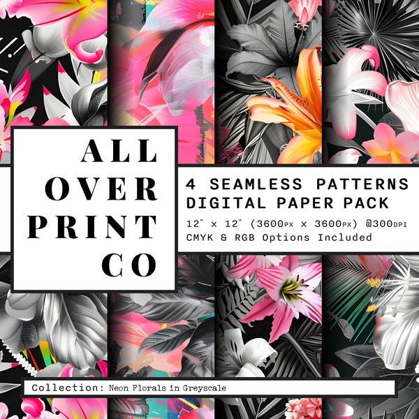 80s Retro Neon Pink Hawaiian Print Seamless Flower Pattern Digital Paper Pack Bundle, High Contrast, Tropical Flowers Scrapbooking Paper