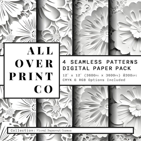 Cut Paper Cosmos Flowers Seamless Pattern Bundle Floral Digital Paper Pack, Seamless Floral Scherenschnitte Paper Junk Journal Digital PNGs