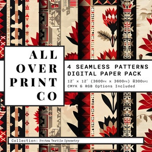 May include: Four seamless digital paper patterns in a pack. The patterns feature a geometric design with red, black, and white colors. The patterns are 12 inches by 12 inches and 300 DPI. The collection is called Protea Textile Symmetry.