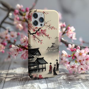 Temples and Cherry Blossoms Tough Phone Case for iPhone 16 15 14 13 12 11 Pro Max, Galaxy S25 S23, Pixel 9, 8, 7, Japanese Aesthetic