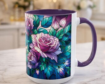Stained Glass Roses Coffee Mug, Rose Lover Gift, Flower Tea Cup