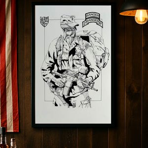 May include: Black and white illustration of a soldier in uniform, holding a rifle and wearing a backpack. The artwork is framed in black and includes the text "RANGER" and "2 RANGER B". An American flag hangs in the background.