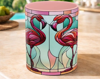 Stained Glass Flamingos Coffee Mug, Beach House Decor, Pink Coffee Cup
