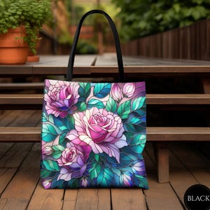 Stained Glass Roses Tote Bag, Floral Tote, Cute Tote Bag, Roses Decor Bag, Flower Tote Bag, Rose Lover Gift, Pink Tote Bag, Pink Roses Gift