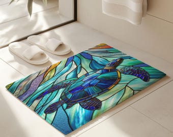 Stained Glass Sea Turtle Bath Mat, Non-Slip Memory Foam Bathroom Rug, Turtle Lover Gifts
