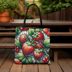 Stained Glass Strawberries Tote Bag: Summer Market Shoulder Bag