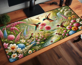 Hummingbird Paradise Desk Mat, Bird Lover Gift, Flower Mouse Pad