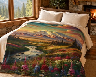 May include: A landscape-themed blanket featuring a vibrant mountain scene with a river, wildflowers, and a colorful sunset. The blanket is draped over a bed with cream-colored bedding, creating a cozy and inviting atmosphere. The artwork is detailed and colorful.