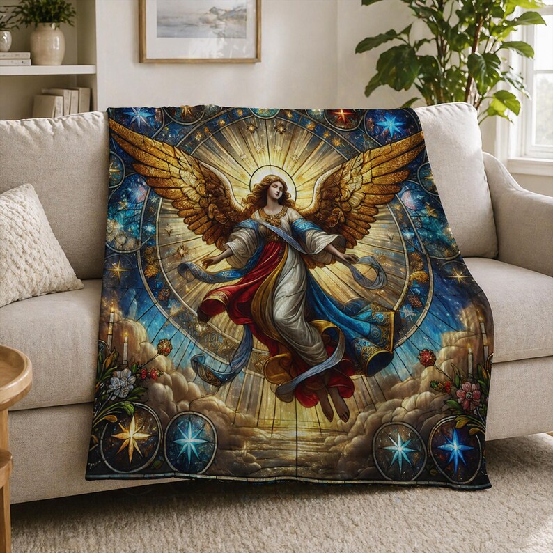 May include: A decorative throw blanket featuring a stained-glass style angel design. The angel has golden wings, flowing robes in red, white, and blue, and is surrounded by a radiant light. The blanket is draped over a beige sofa.
