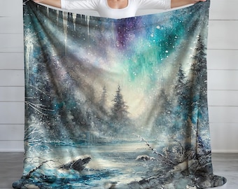 Northern Lights Blanket, Aurora Borealis Gift, Watercolor Art