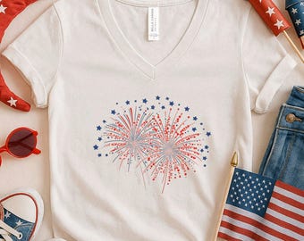 Fireworks V-Neck Tee, Patriotic 4th Of July Shirt