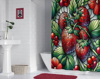 Strawberries, Stained Glass, Shower Curtains, Strawberry Gifts, Bathroom Decor, Mother's Day Gifts, Nature Lover Gift, Strawberry Shower