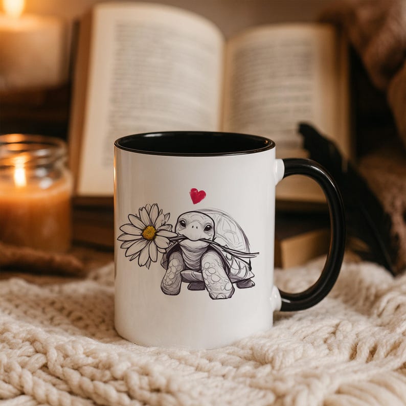 Turtle and Daisy Coffee Mug, Animal Lover Gift, Daisy Gifts Black