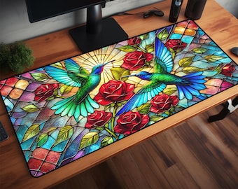 Stained Glass Hummingbirds Desk Mat, Hummingbird Decor, Nature Themed Gift