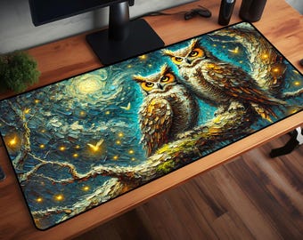 Mystic Owls Desk Mat, Owl Mouse Pad, Enchanted Forest Decor