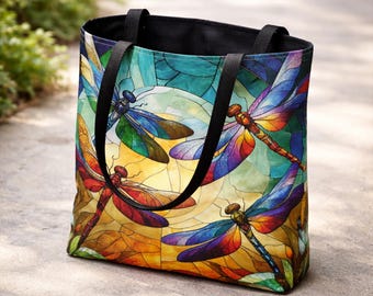 Stained Glass Dragonflies Art Tote Bag, Dragonfly Decor