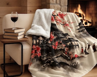 Temples and Cherry Blossoms Blanket, Japanese Home Decor, Personalized Asian Art