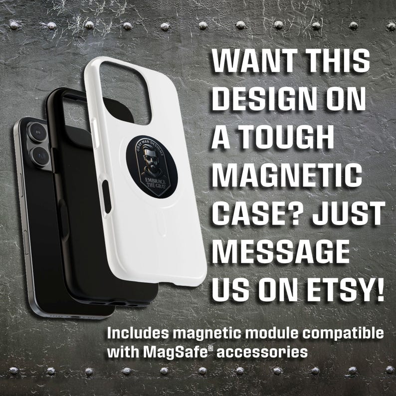 May include: A white and black phone case with a magnetic module, featuring a design with a man's portrait. The text on the case says "WANT THIS DESIGN ON A TOUGH MAGNETIC CASE? JUST MESSAGE US ON ETSY!"