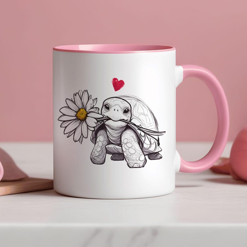 Turtle and Daisy Coffee Mug, Animal Lover Gift, Daisy Gifts Pink