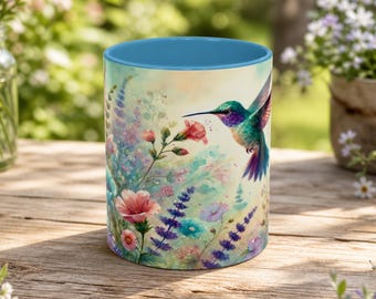 Watercolor Hummingbird Coffee Mug, Floral Art, Bird Lover Gift