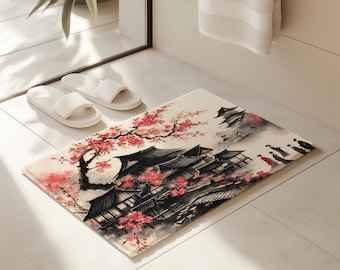 Temples and Cherry Blossoms Bath Mat, Japanese Home Decor