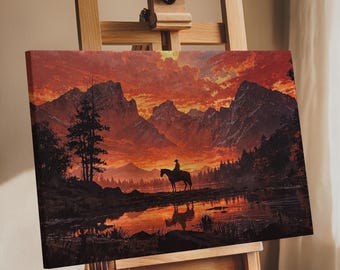 Fire Sky Cowboy Canvas Art, Rustic Cabin Decor, Man Cave Gifts