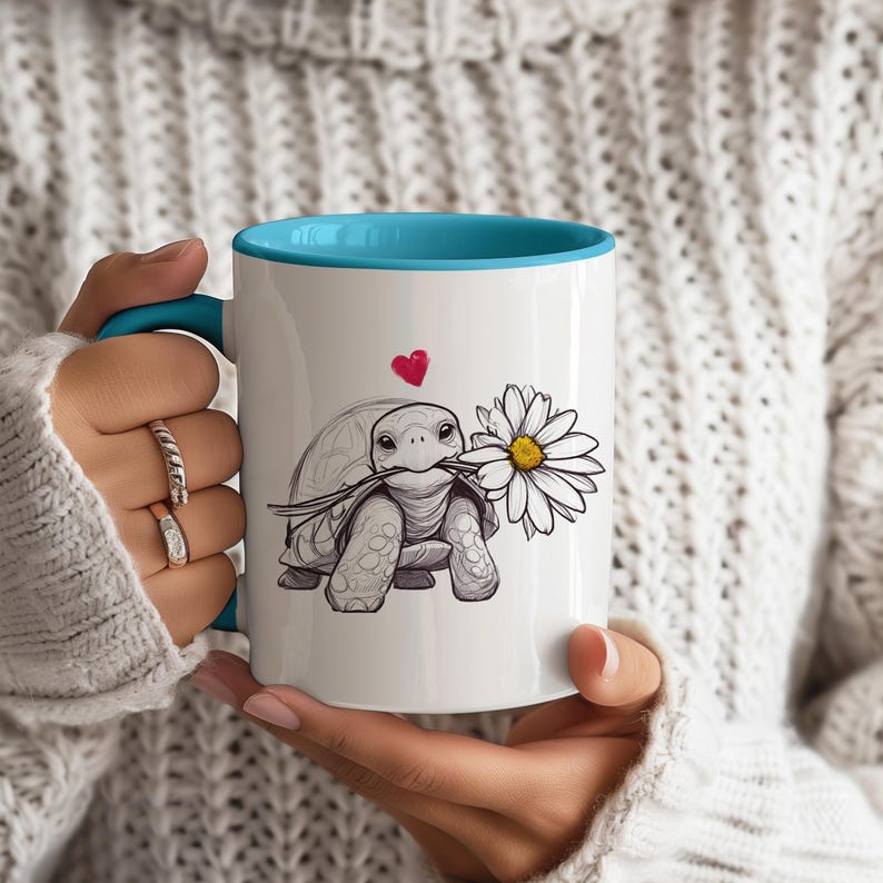 Turtle and Daisy Coffee Mug, Animal Lover Gift, Daisy Gifts Light Blue