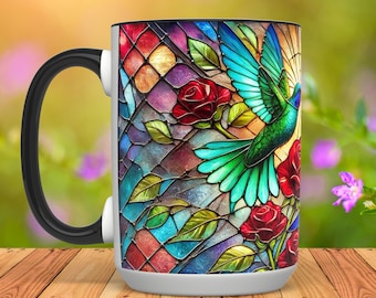 Stained Glass Hummingbirds Coffee Mug, Hummingbird Decor