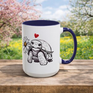 Turtle and Daisy Coffee Mug, Animal Lover Gift, Daisy Gifts Navy