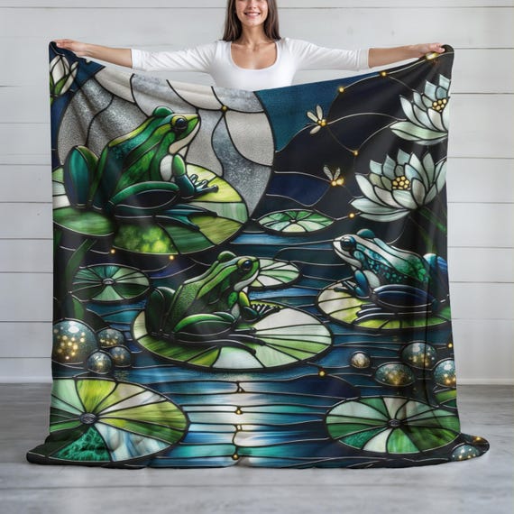 Moonlit Frogs Blanket, Peaceful Pond Decor, Velveteen Throw