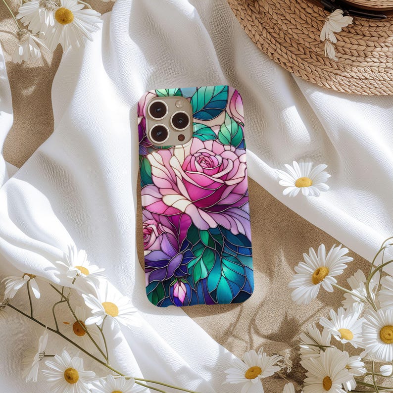 Stained Glass Pink Roses Phone Case, Flower Lover Gift, Rose Lover Gifts image 7