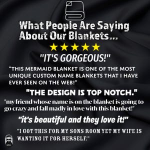 May include: Image features text: "What People Are Saying About Our Blankets..." and customer reviews. The reviews include phrases like "IT'S GORGEOUS!" and "THE DESIGN IS TOP NOTCH." The image also shows a blanket icon and five gold stars.