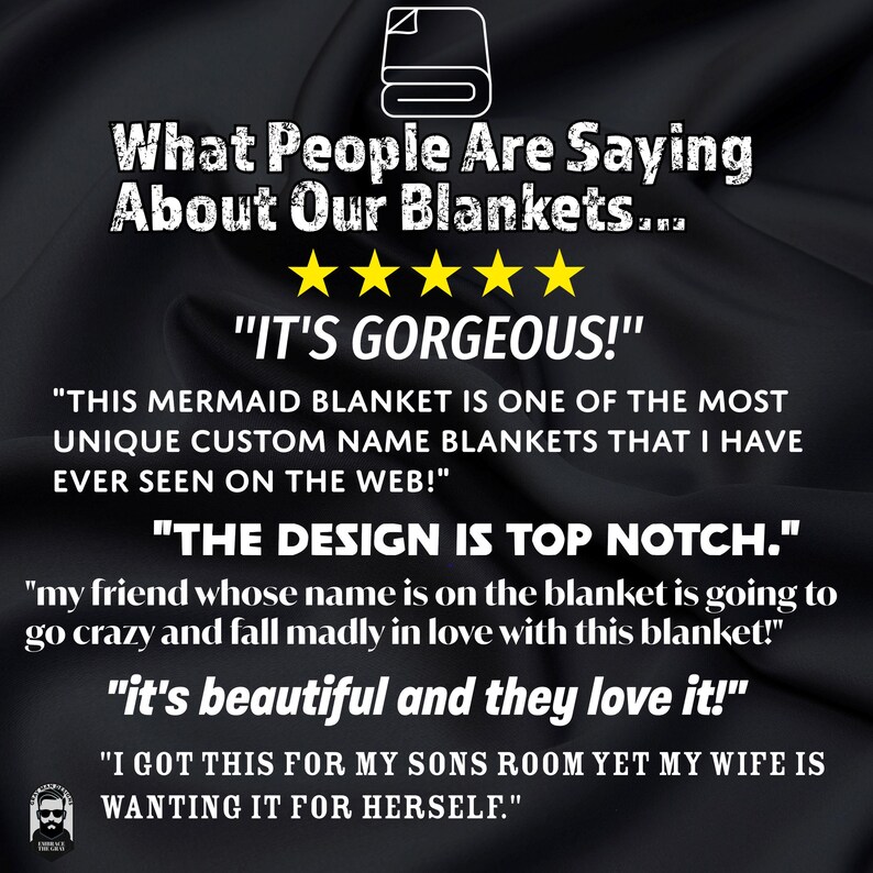 May include: Image features text: "What People Are Saying About Our Blankets..." and customer reviews. The reviews include phrases like "IT'S GORGEOUS!" and "THE DESIGN IS TOP NOTCH." The image also shows a blanket icon and five gold stars.